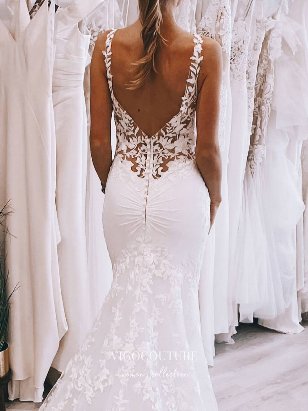 vigocouture-Lace Applique Mermaid Wedding Dresses V-Neck Bridal Dresses W0080-Wedding Dresses-vigocouture-