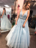 vigocouture-Lace Applique Plunging V-Neck Prom Dress 20604-Prom Dresses-vigocouture-Light Blue-US2-