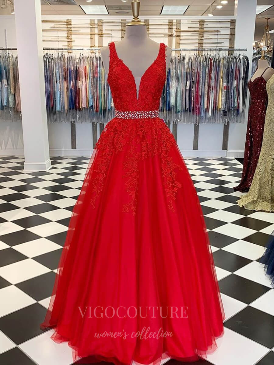 vigocouture-Lace Applique Plunging V-Neck Prom Dress 20604-Prom Dresses-vigocouture-Red-US2-
