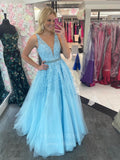 vigocouture-Lace Applique Plunging V-Neck Prom Dress 20959-Prom Dresses-vigocouture-Light Blue-US2-