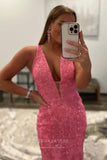 Lace Applique Plunging V-Neck Prom Dresses Mermaid Spaghetti Strap Evening Dress 22169-Prom Dresses-vigocouture-Hot Pink-US2-vigocouture