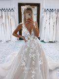 vigocouture-Lace Applique Plunging V-Neck Wedding Dresses A-Line Bridal Dresses W0075-Wedding Dresses-vigocouture-