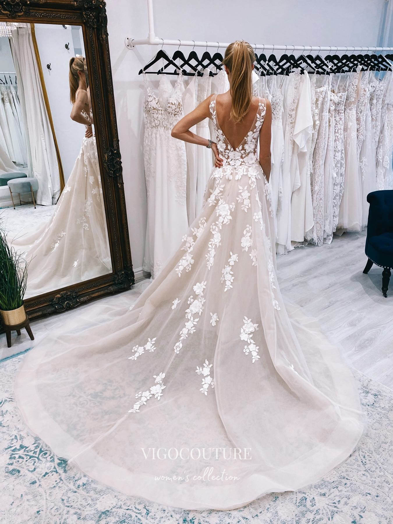 vigocouture-Lace Applique Plunging V-Neck Wedding Dresses A-Line Bridal Dresses W0075-Wedding Dresses-vigocouture-As Pictured-US2-
