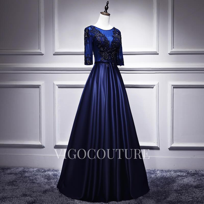 vigocouture-Lace Applique Prom Dress 2022 Half Sleeve Satin Prom Gown-Prom Dresses-vigocouture-