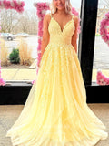 vigocouture-Lace Applique Prom Dresses A-Line Spaghetti Strap Formal Dresses 21538-Prom Dresses-vigocouture-Yellow-US2-