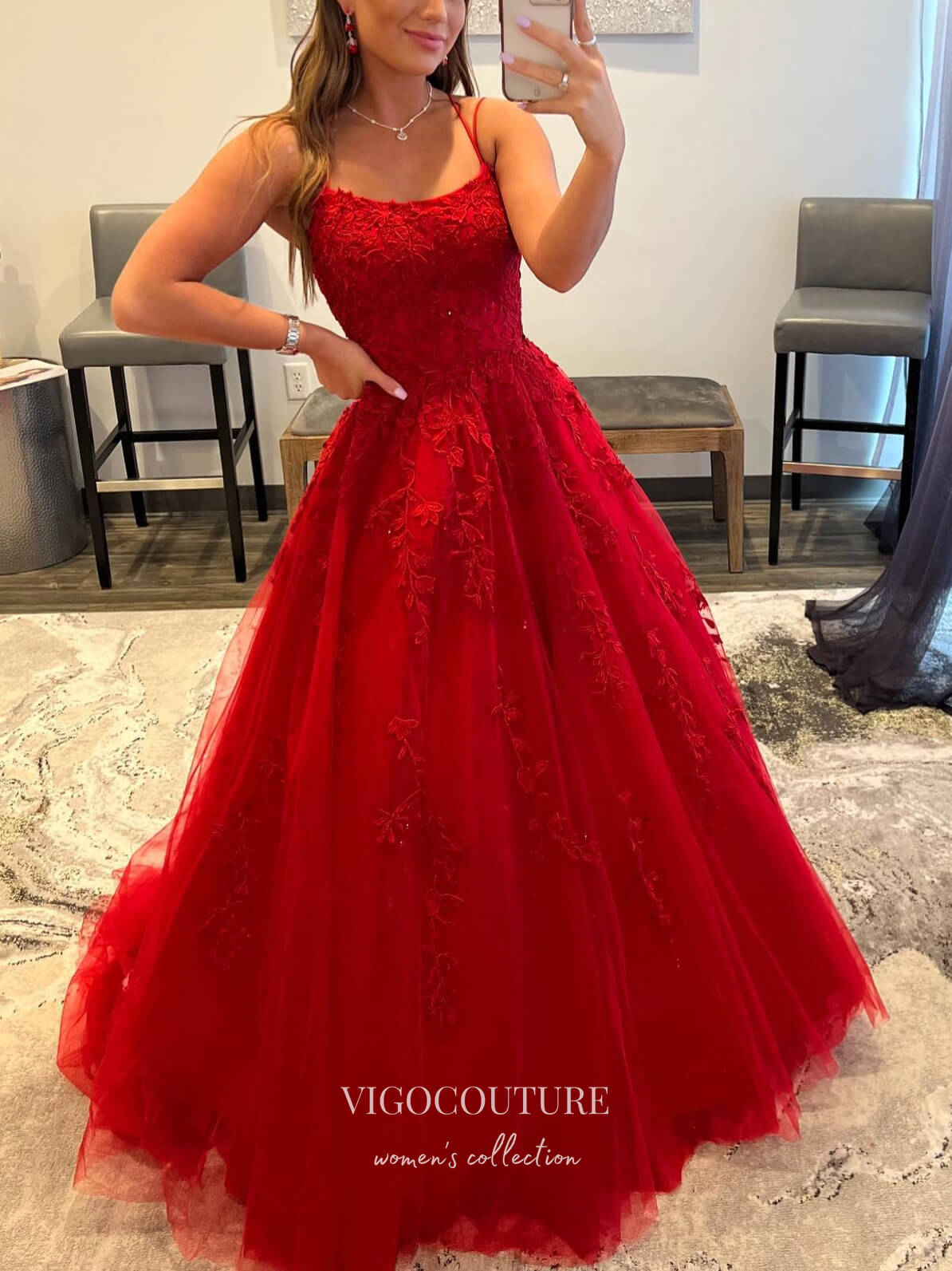 vigocouture-Lace Applique Prom Dresses A-Line Spaghetti Strap Formal Dresses 21557-Prom Dresses-vigocouture-Red-US2-