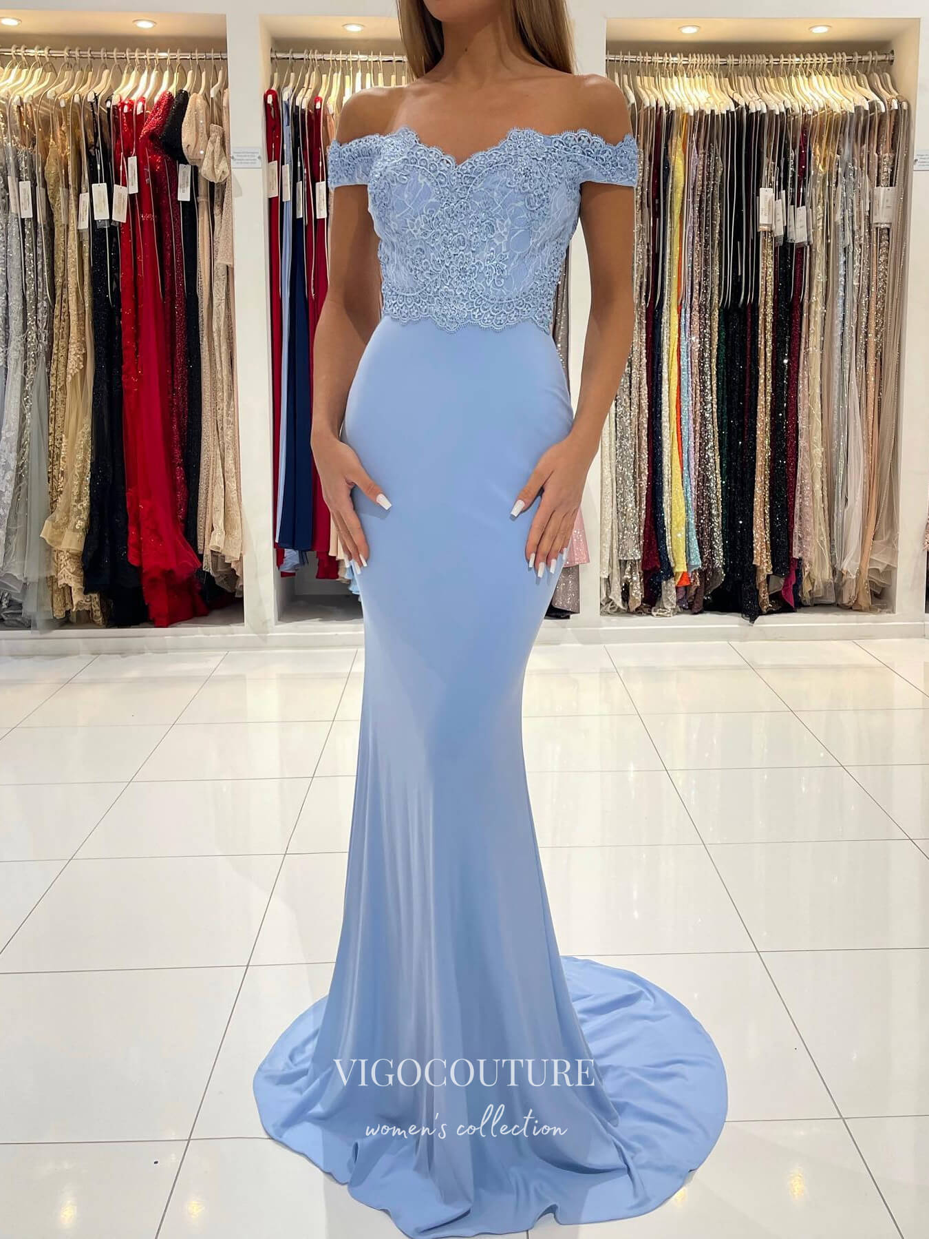 vigocouture-Lace Applique Prom Dresses Satin Mermaid Formal Dresses 21561-Prom Dresses-vigocouture-Light Blue-US2-