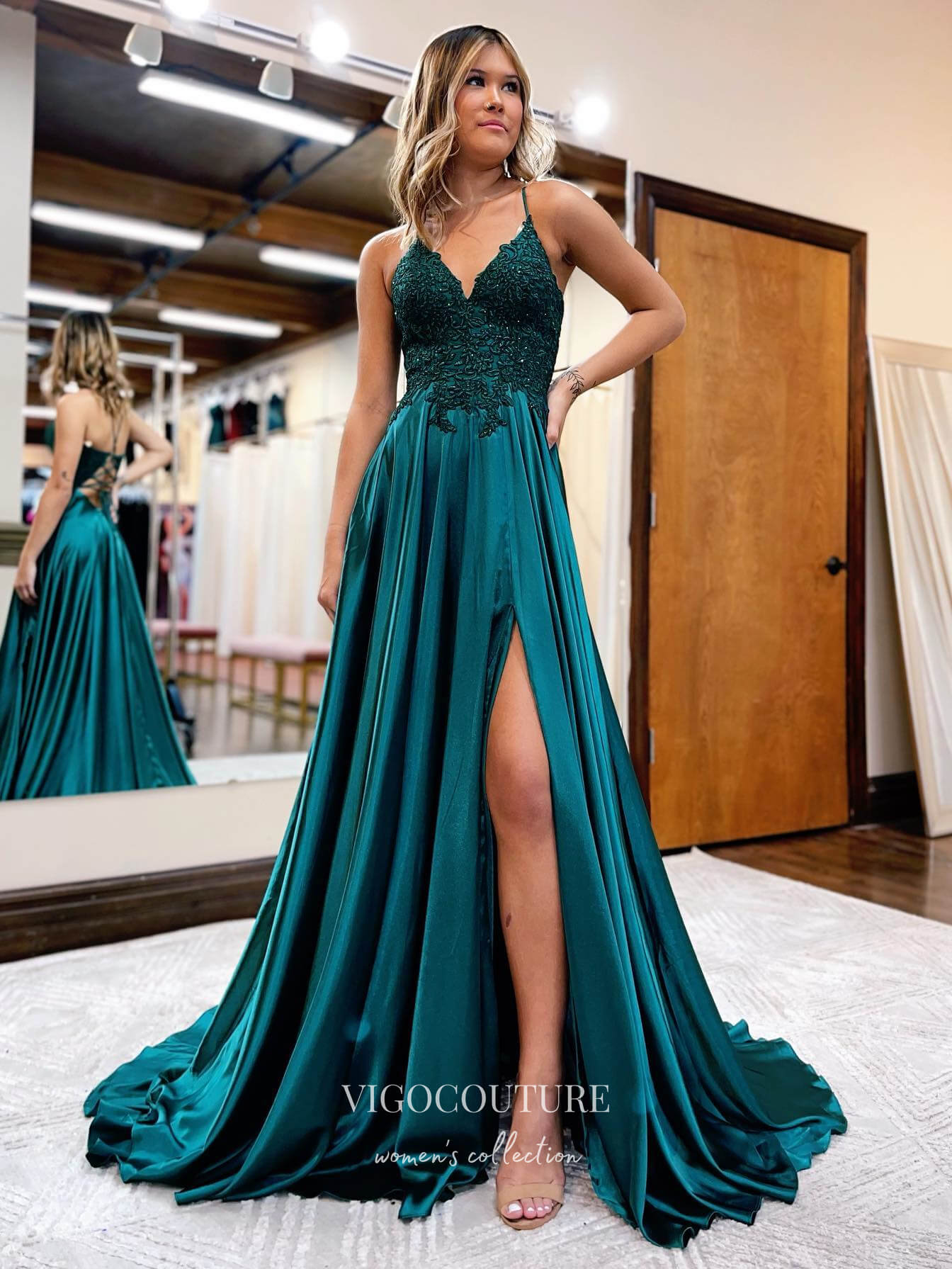 vigocouture-Lace Applique Prom Dresses Spaghetti Strap Formal Dresses 21540-Prom Dresses-vigocouture-Green-US2-