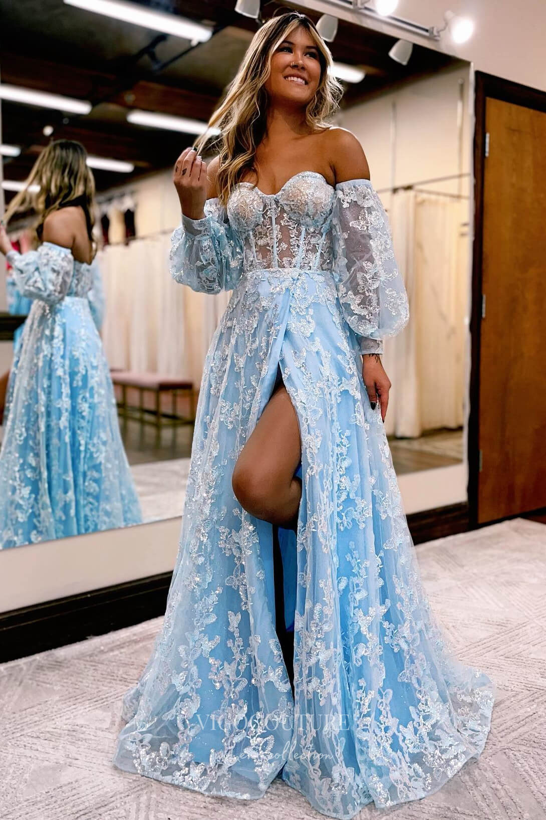 Lace Applique Prom Dresses with Slit Removable Long Sleeve Formal Gown  21963 - Light Blue / US2