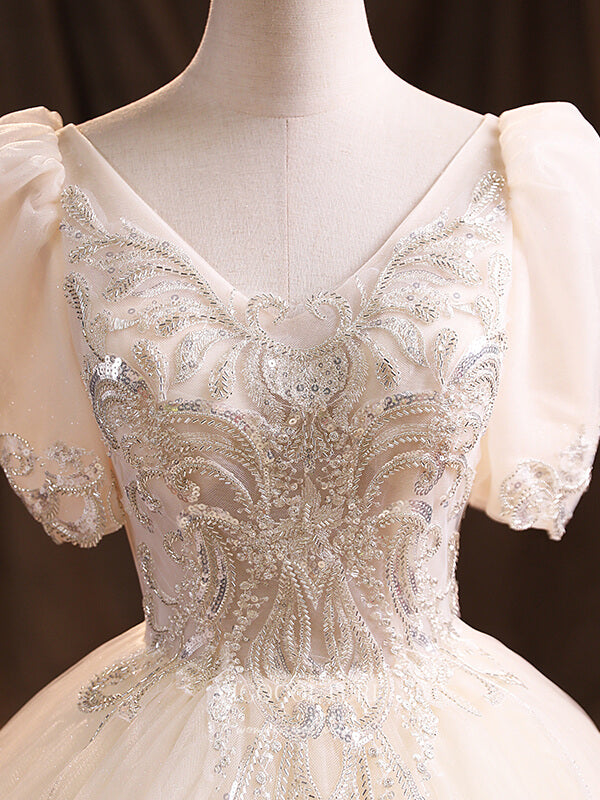 vigocouture-Lace Applique Quinceanera Dresses Puffed Sleeve Sweet 15 Dresses 21384-Prom Dresses-vigocouture-