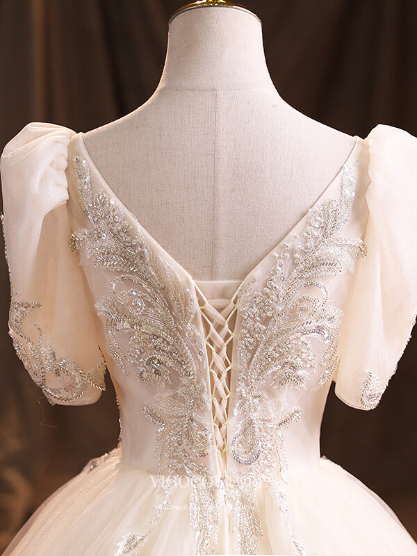vigocouture-Lace Applique Quinceanera Dresses Puffed Sleeve Sweet 15 Dresses 21384-Prom Dresses-vigocouture-