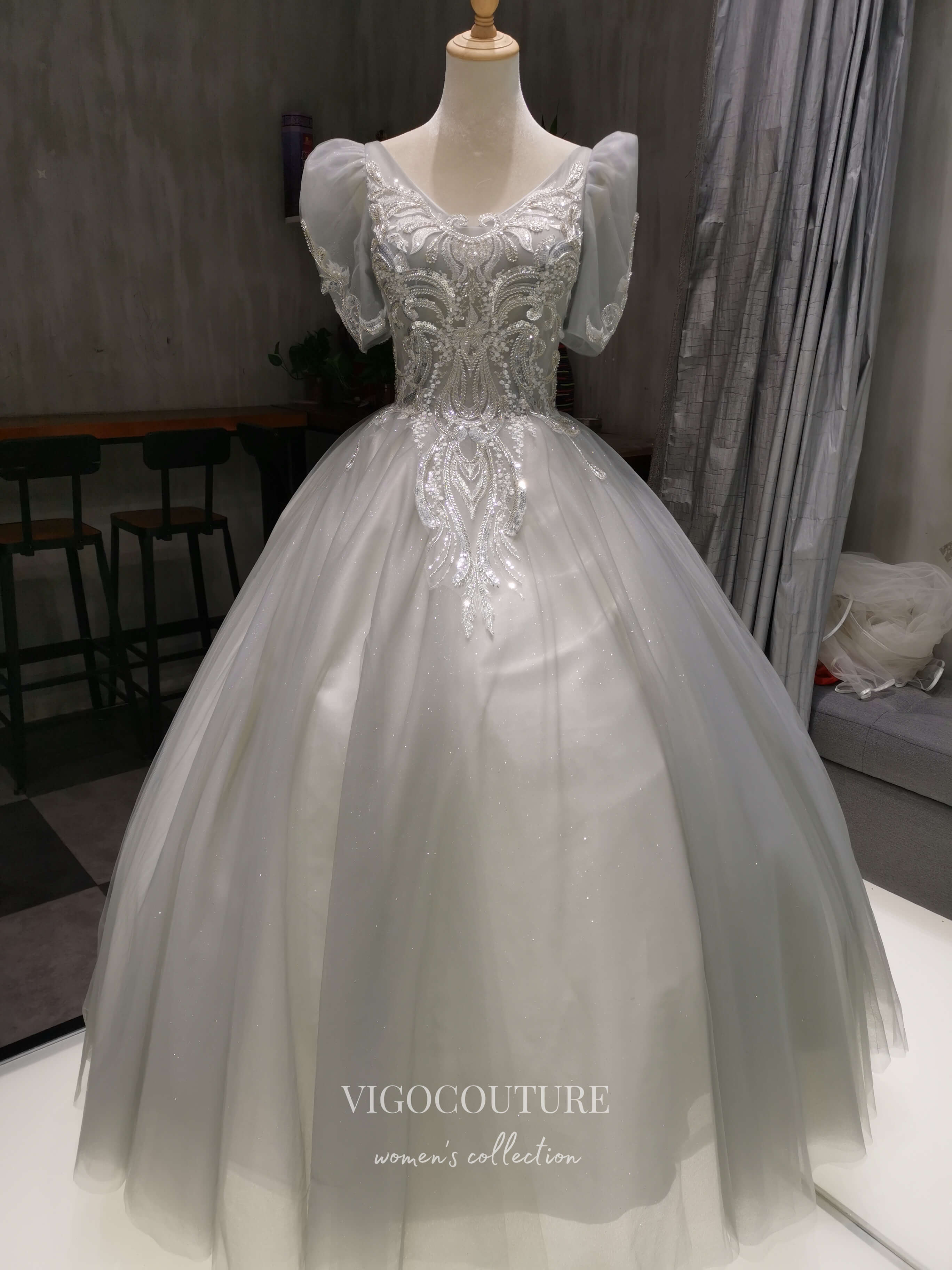 vigocouture-Lace Applique Quinceanera Dresses Puffed Sleeve Sweet 15 Dresses 21384-Prom Dresses-vigocouture-Grey-Custom Size-