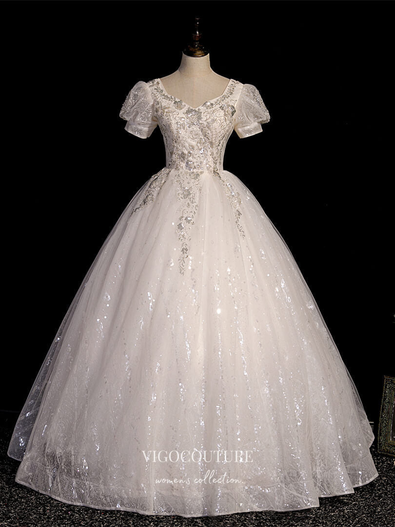 vigocouture-Lace Applique Quinceanera Dresses Puffed Sleeve Sweet 15 Dresses 21407-Prom Dresses-vigocouture-