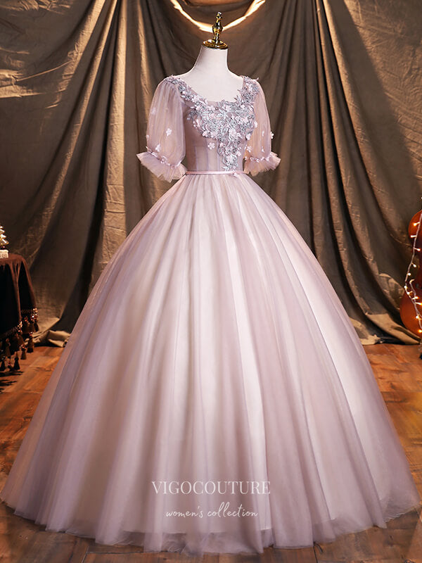 vigocouture-Lace Applique Quinceanera Dresses Short Sleeve Sweet 15 Dresses 21385-Prom Dresses-vigocouture-Blush-Custom Size-