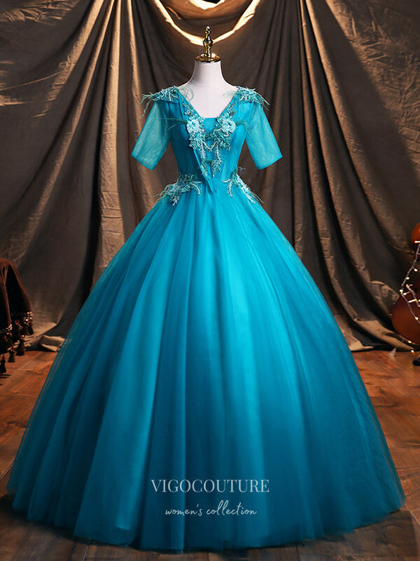 vigocouture-Lace Applique Quinceanera Dresses Short Sleeve Sweet 15 Dresses 21390-Prom Dresses-vigocouture-As Pictured-Custom Size-