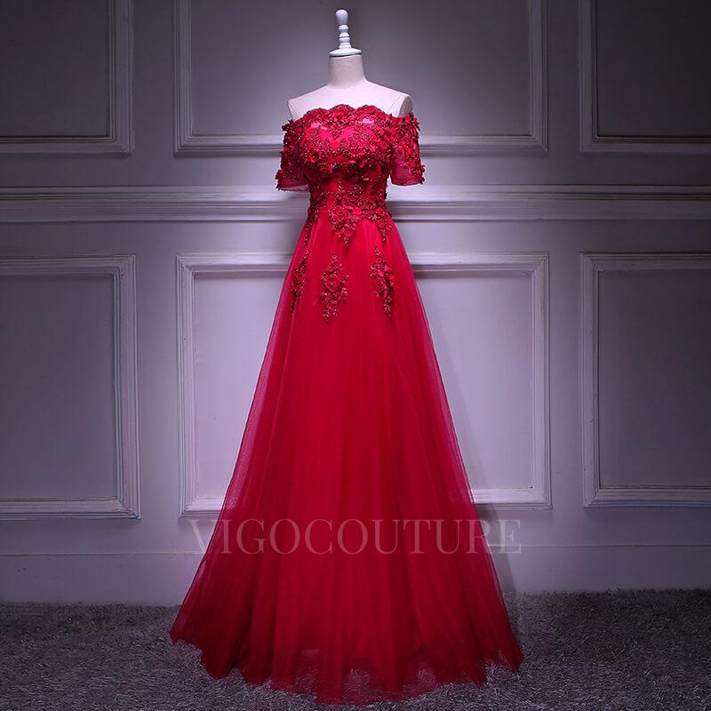 vigocouture-Lace Applique Red Prom Dress 2022 Off the Shoulder Beaded Prom Gown-Prom Dresses-vigocouture-