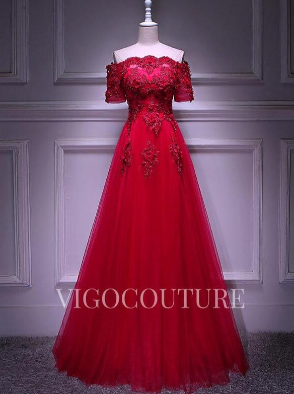 vigocouture-Lace Applique Red Prom Dress 2022 Off the Shoulder Beaded Prom Gown-Prom Dresses-vigocouture-Red-US2-
