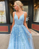 vigocouture-Lace Applique Spaghetti Strap Prom Dress 20813-Prom Dresses-vigocouture-