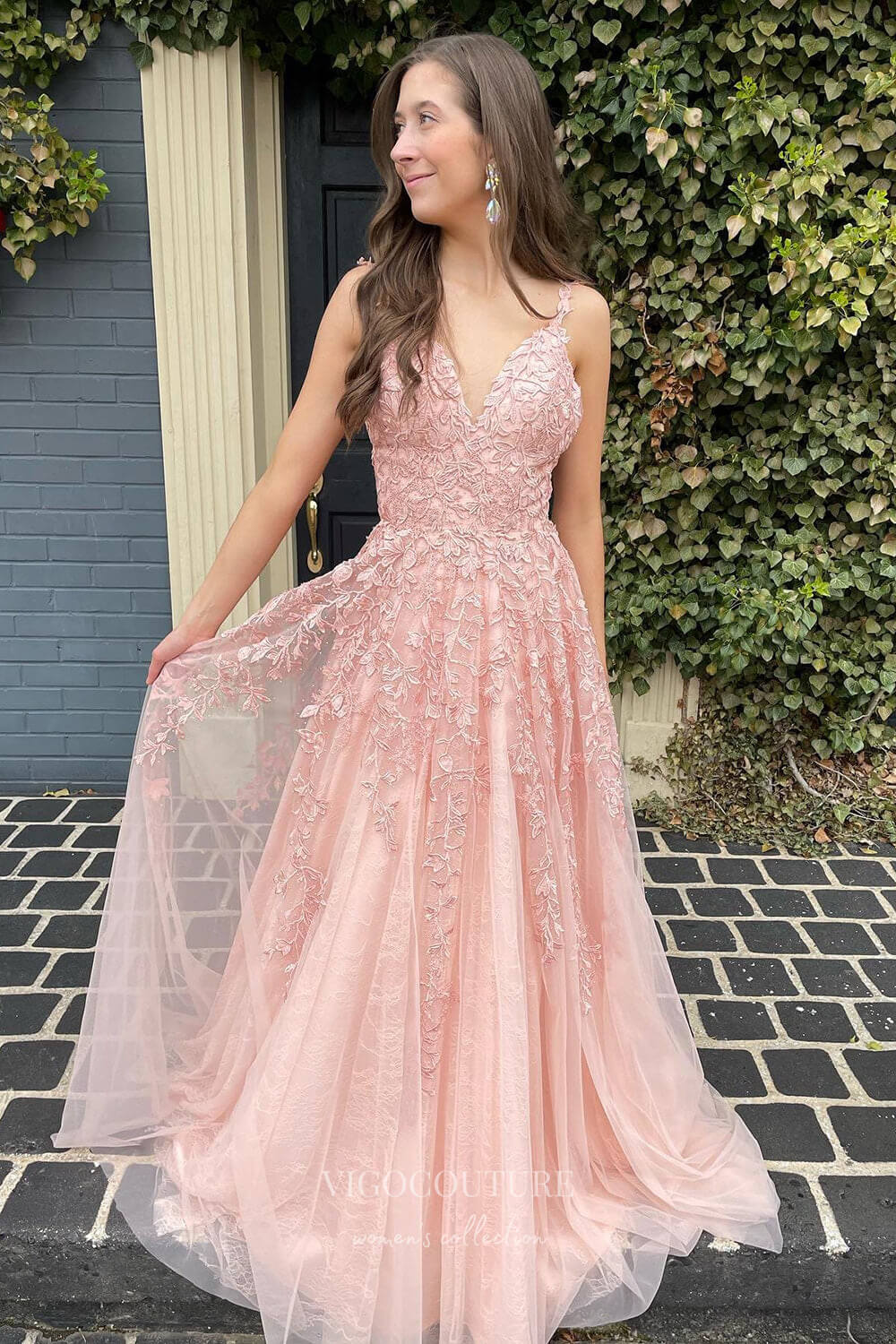 Lace Applique Spaghetti Strap Prom Dresses V-Neck A-Line Evening Dress 20813-Prom Dresses-vigocouture-Blush-US2-vigocouture