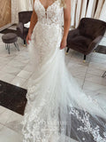 vigocouture-Lace Applique Spaghetti Strap Wedding Dresses Chapel Train Bridal Dresses W0088-Wedding Dresses-vigocouture-