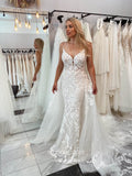 Lace Applique Spaghetti Strap Wedding Dresses Chapel Train Bridal Dresses W0088