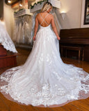 vigocouture-Lace Applique Spaghetti Strap Wedding Dresses Plunging V-Neck Bridal Dresses W0071-Wedding Dresses-vigocouture-