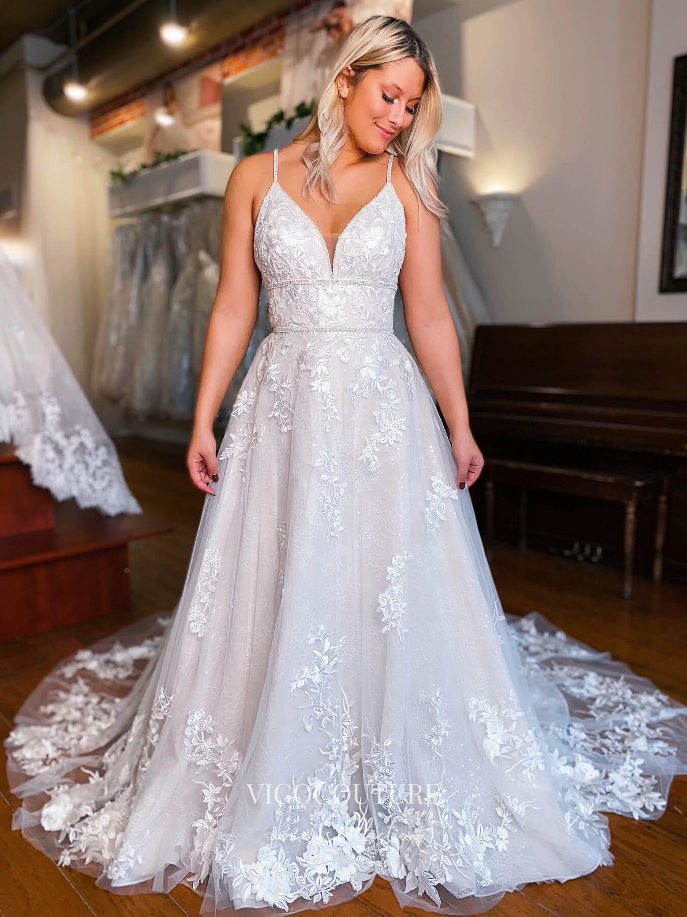 vigocouture-Lace Applique Spaghetti Strap Wedding Dresses Plunging V-Neck Bridal Dresses W0071-Wedding Dresses-vigocouture-As Pictured-US2-