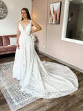 vigocouture-Lace Applique V-Neck Wedding Dresses Chapel Train Bridal Dresses W0056-Wedding Dresses-vigocouture-