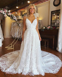 Lace Applique V-Neck Wedding Dresses Chapel Train Bridal Dresses W0056