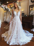 vigocouture-Lace Applique V-Neck Wedding Dresses Chapel Train Bridal Dresses W0069-Wedding Dresses-vigocouture-