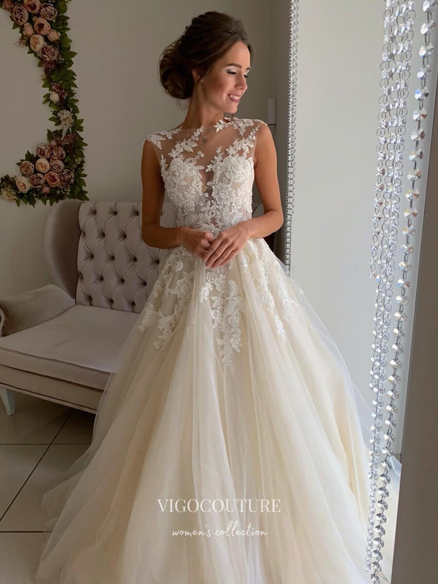 vigocouture-Lace Applique Wedding Dresses A-Line Bridal Dresses W0045-Wedding Dresses-vigocouture-