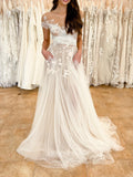 Lace Applique Wedding Dresses A-Line Tulle Country Bridal Dresses W0020