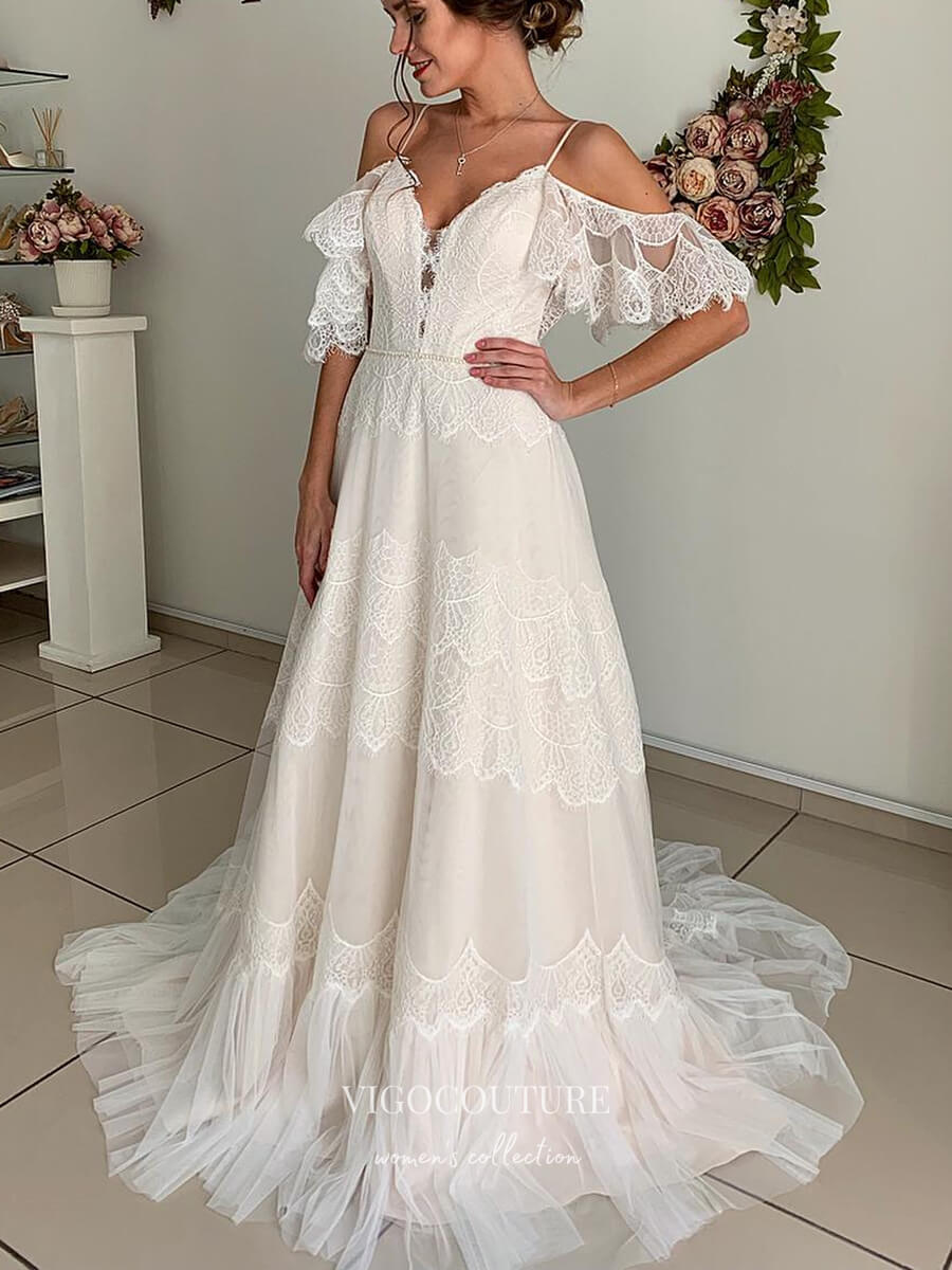 vigocouture-Lace Applique Wedding Dresses Spaghetti Strap Bridal Dresses W0038-Wedding Dresses-vigocouture-