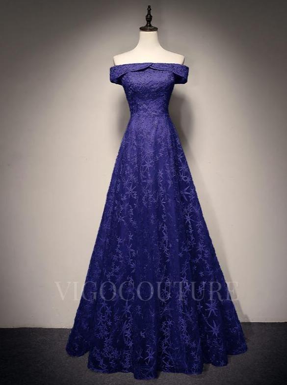 vigocouture-Lace Prom Dress 2022 Off the Shoulder Prom Gown-Prom Dresses-vigocouture-Navy Blue-US2-