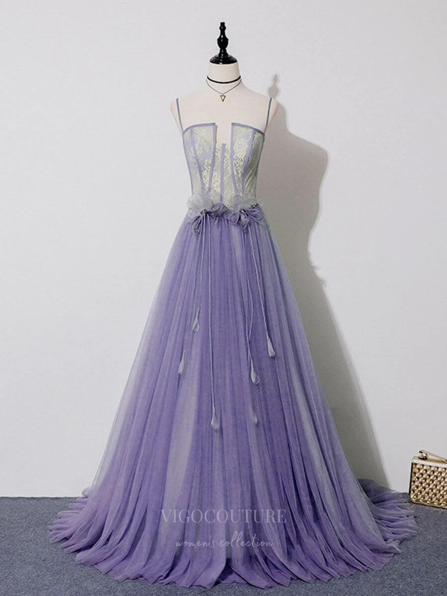 vigocouture-Lace Tulle Spaghetti Strap Prom Dress 20912-Prom Dresses-vigocouture-Lavender-Custom Size-