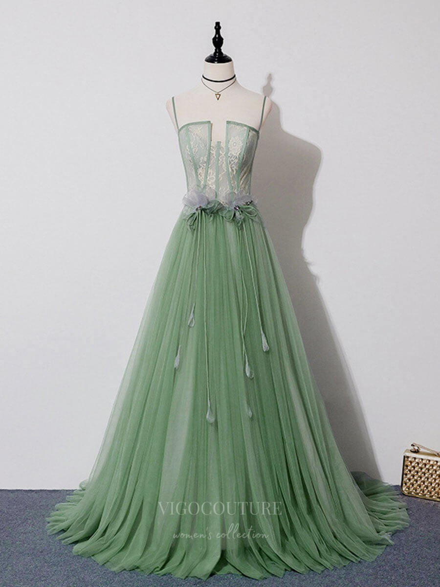 vigocouture-Lace Tulle Spaghetti Strap Prom Dress 20912-Prom Dresses-vigocouture-Light Green-Custom Size-