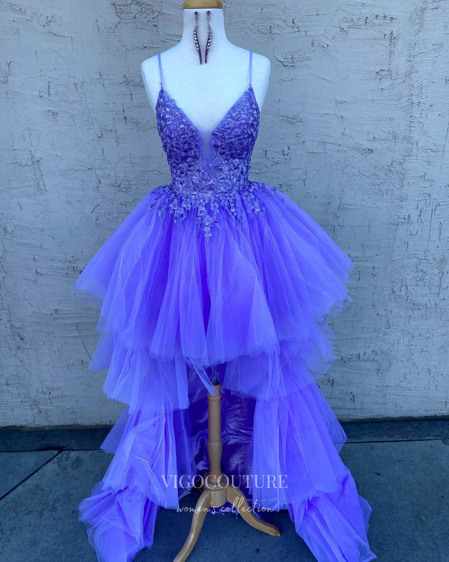Lavender High-Low Prom Dresses Ruffled Spaghetti Strap Formal Gown 21859-Prom Dresses-vigocouture-Lavender-US2-vigocouture