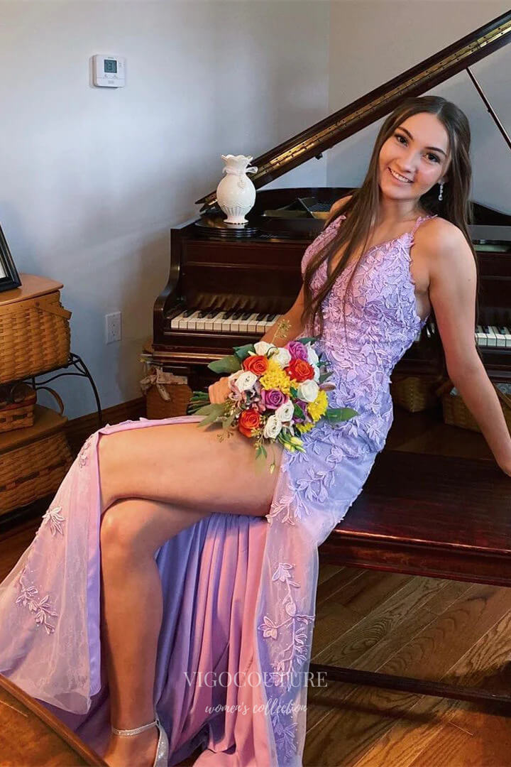 Lavender Lace Applique Evening Dress Mermaid Spaghetti Strap Prom Dress 20926-Prom Dresses-vigocouture-Lavender-US2-vigocouture