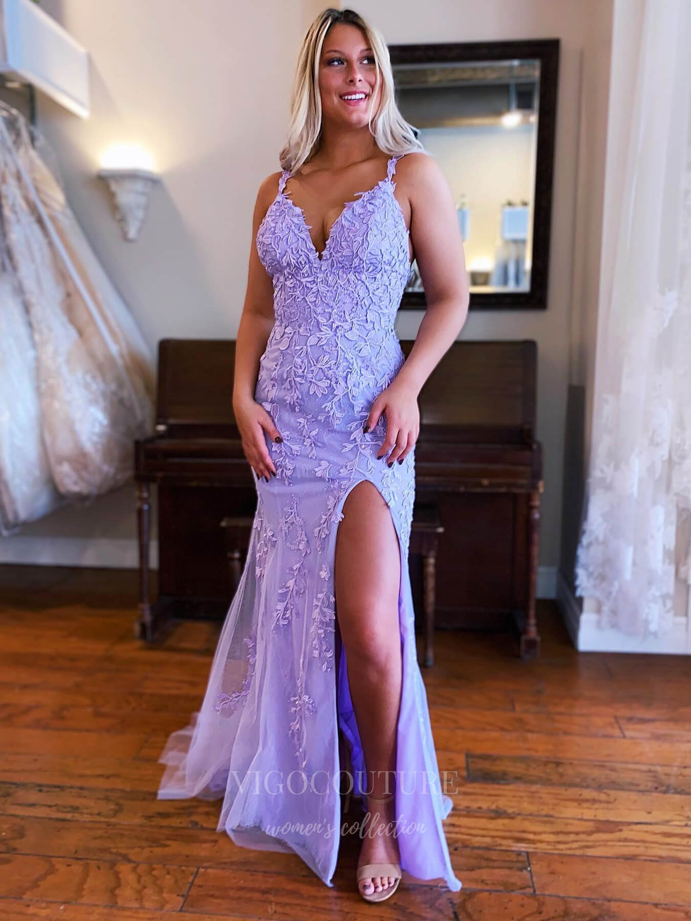 vigocouture-Lace Applique Mermaid Spaghetti Strap Prom Dress 20926-Prom Dresses-vigocouture-Lavender-US2-
