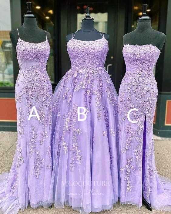vigocouture-Lavender Lace Applique Mermaid Prom Dresses Spaghetti Strap Evening Dress 20594-Prom Dresses-vigocouture-Lavender-A-US0