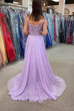 Lavender Lace Applique Plunging V-Neck Prom Dresses Spaghetti Strap Chiffon Evening Dress 22171-Prom Dresses-vigocouture-Lavender-US2-vigocouture
