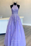 vigocouture-Lavender Lace Applique Prom Dresses Halter Neck A-Line Evening Dress 21719-Prom Dresses-vigocouture-