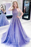 vigocouture-Lavender Lace Applique Prom Dresses Halter Neck A-Line Evening Dress 21719-Prom Dresses-vigocouture-Lavender-US2-