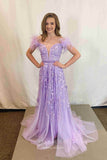 Lavender Lace Applique Prom Dresses Plunging V-Neck Feather Formal Gown 21880