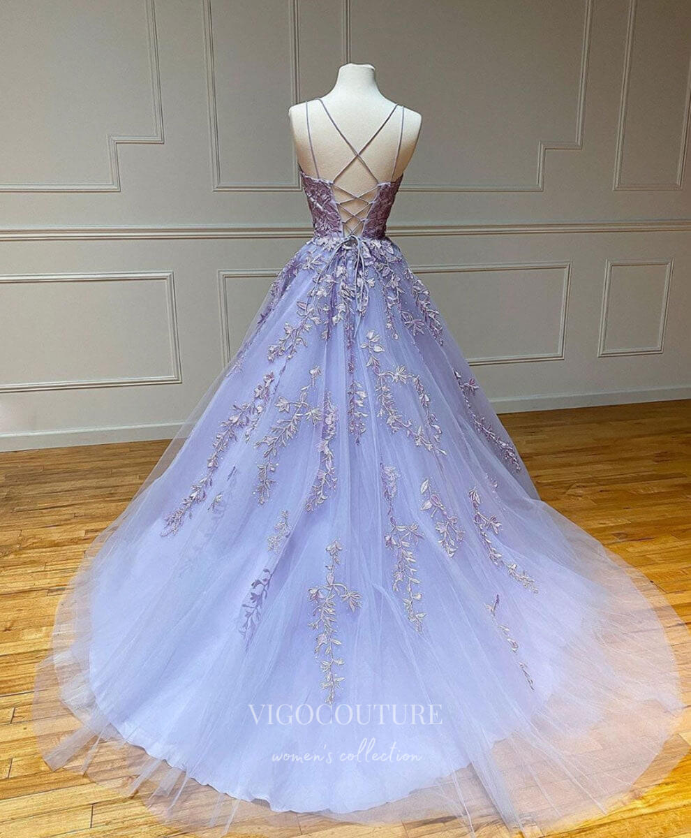 vigocouture-Lavender Lace Applique Prom Dresses Spaghetti Strap Evening Dress 20597-Prom Dresses-vigocouture-