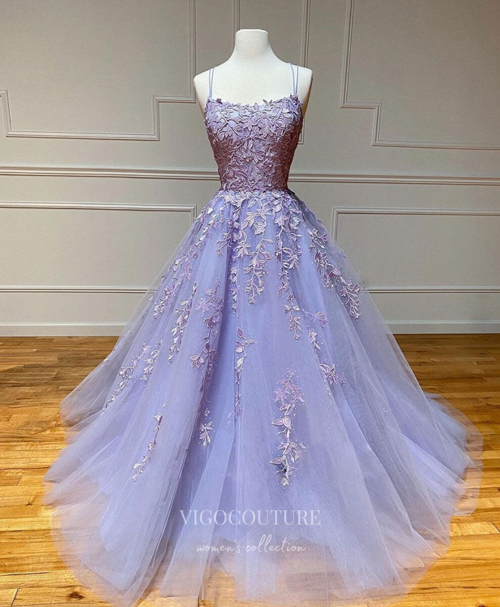 vigocouture-Lavender Lace Applique Prom Dresses Spaghetti Strap Evening Dress 20597-Prom Dresses-vigocouture-Lavender-US0-