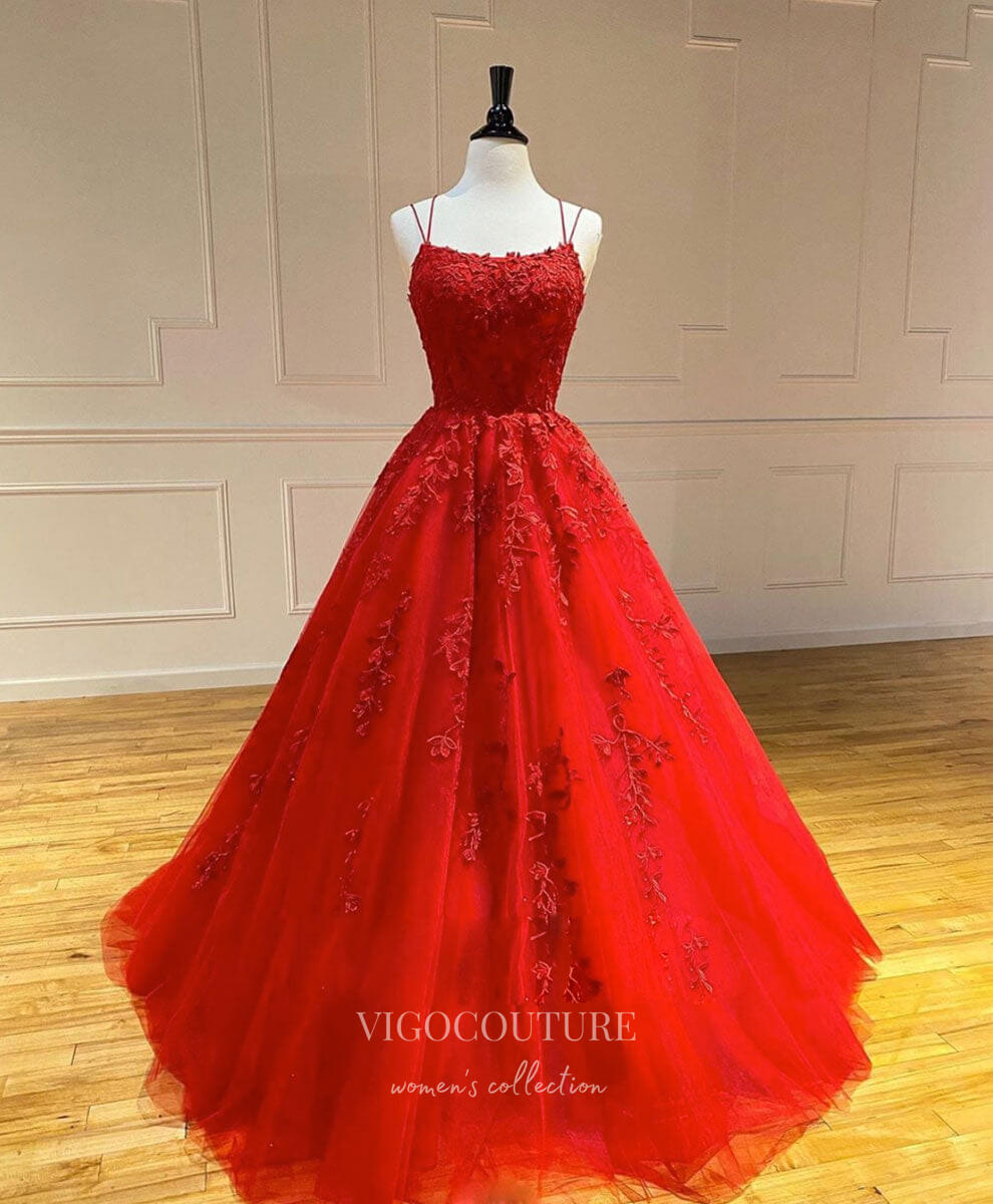 vigocouture-Lavender Lace Applique Prom Dresses Spaghetti Strap Evening Dress 20597-Prom Dresses-vigocouture-Red-US0-