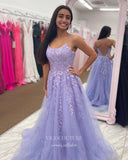 Lavender Lace Applique Prom Dresses Spaghetti Strap Evening Dress 22037