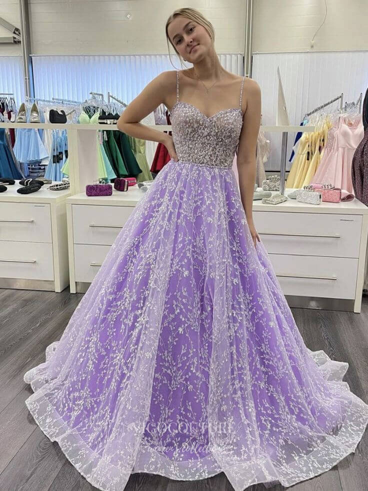 Lavender Lace Applique Prom Dresses Spaghetti Strap Formal Gown 21967-Prom Dresses-vigocouture-Lavender-US2-vigocouture