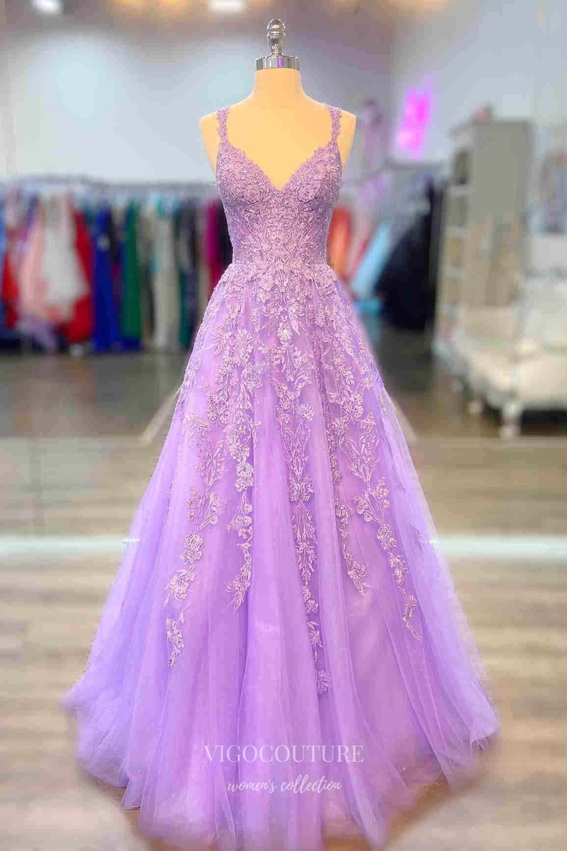 Lavender Lace Applique Prom Dresses Spaghetti Strap Formal Gown 22011-Prom Dresses-vigocouture-Lavender-US2-vigocouture